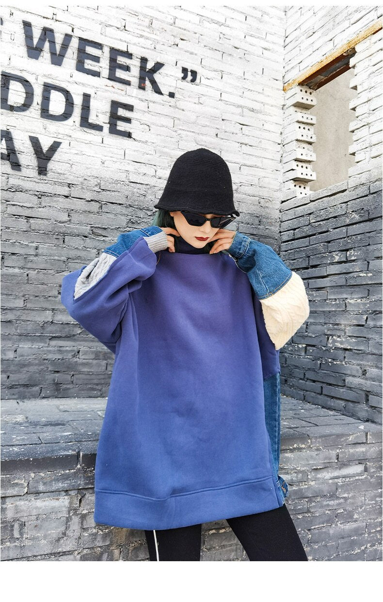 女性用カジュアルパッチワークニットデニムスウェットシャツトップス