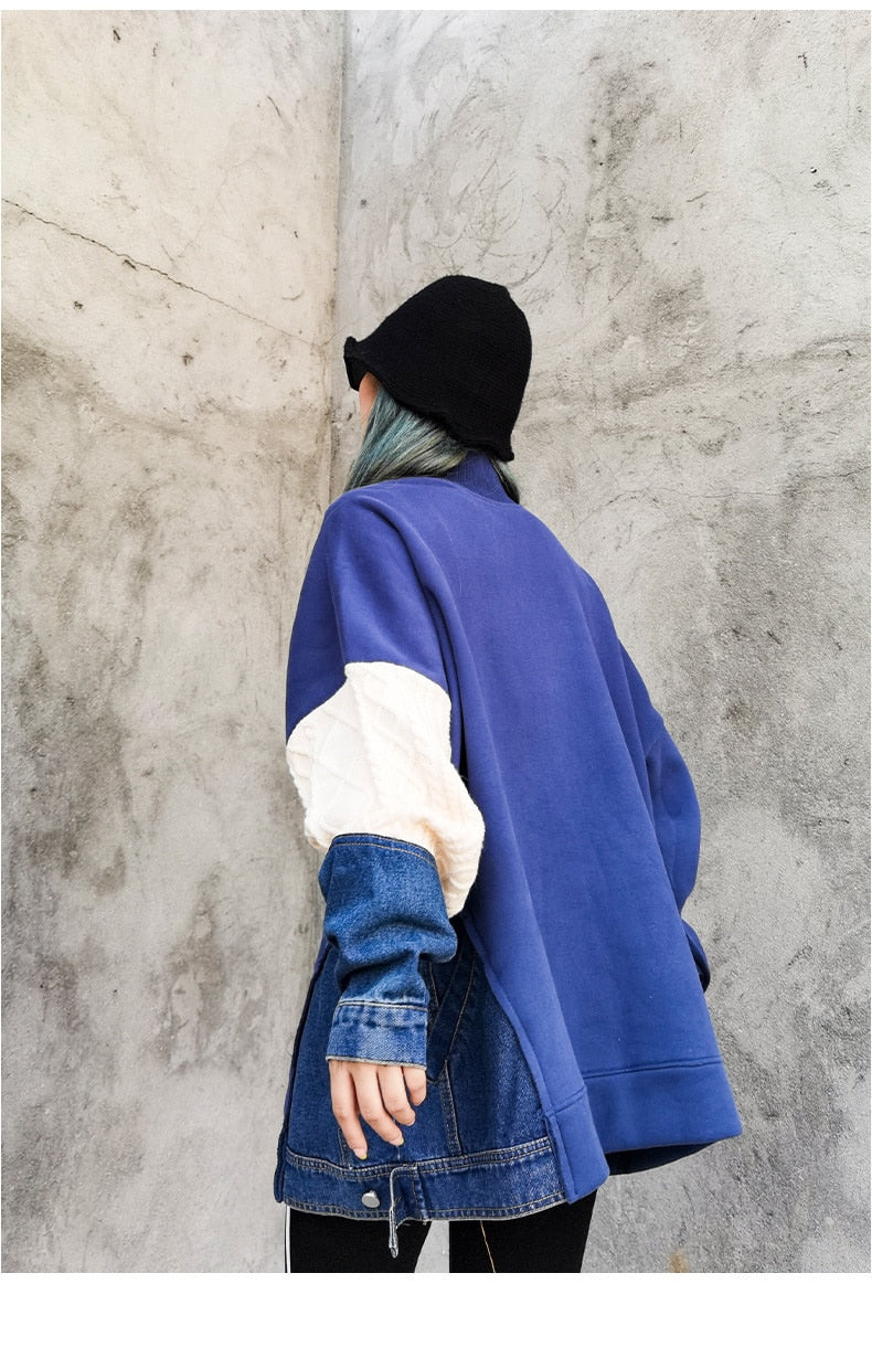 女性用カジュアルパッチワークニットデニムスウェットシャツトップス