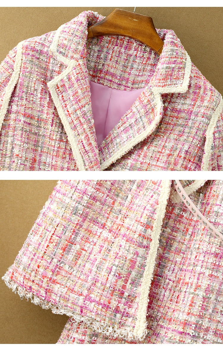 women  belt slim double-breasted pink jacket