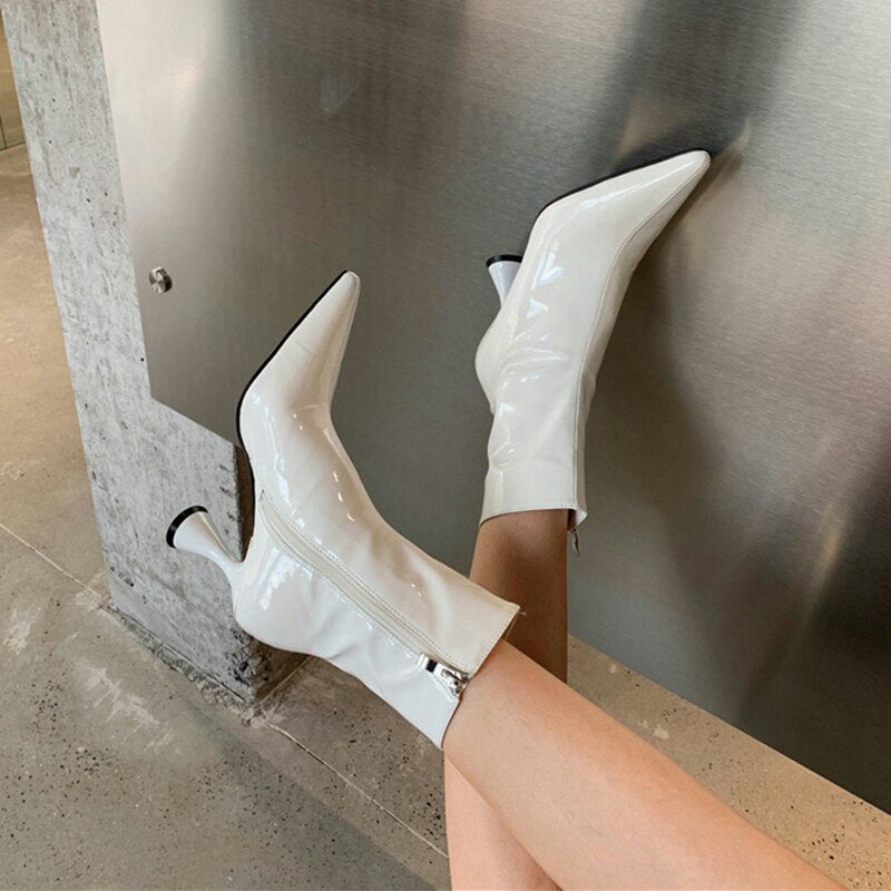 冬用レディース アンクルブーツ シューズ パテントレザー