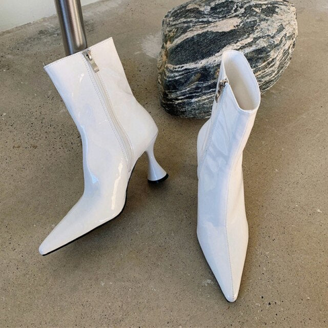 冬用レディース アンクルブーツ シューズ パテントレザー