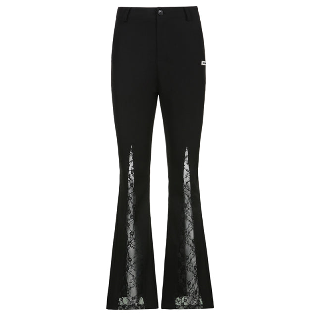 Lace Patchwork High Waist Flare Pants Women Streetwear Casual Trousers