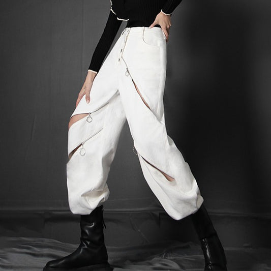 White Patchwork Zipper Cut Out Loose Pants For Women