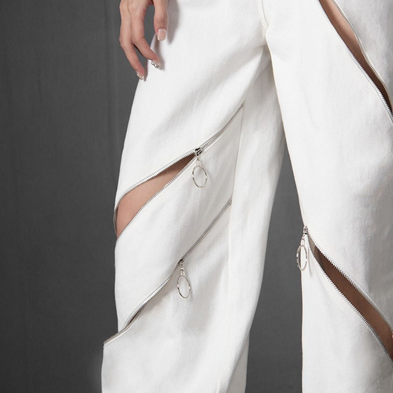 White Patchwork Zipper Cut Out Loose Pants For Women