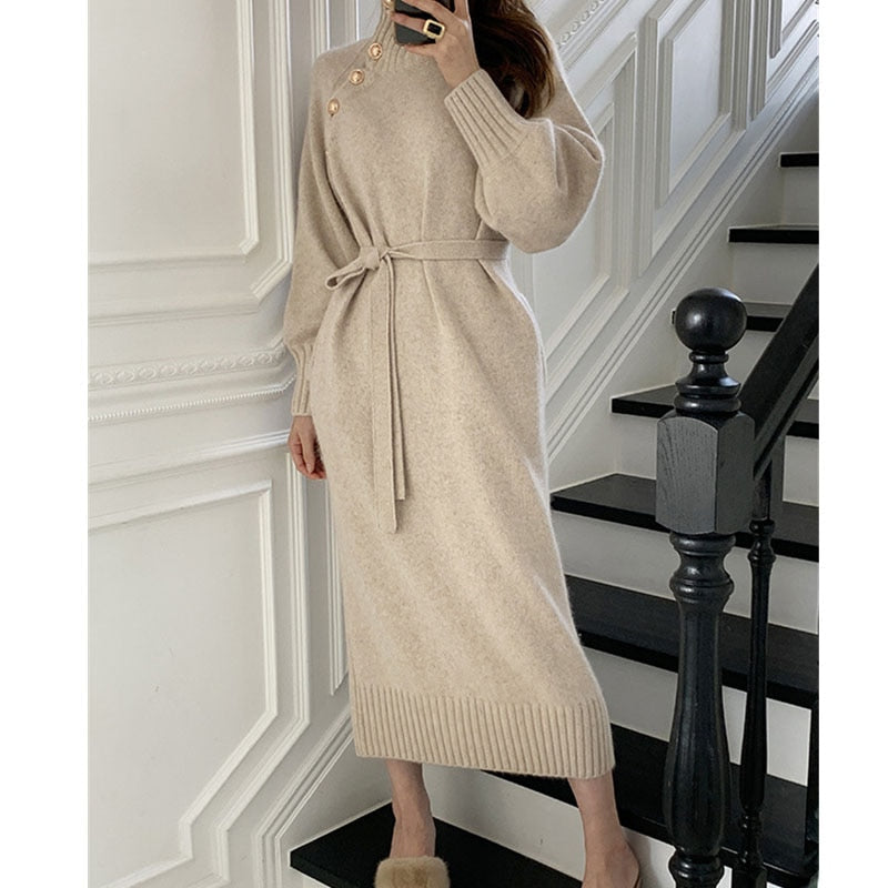 Buttons Women Knitted Dress