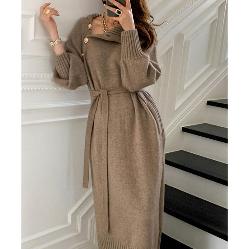 Buttons Women Knitted Dress