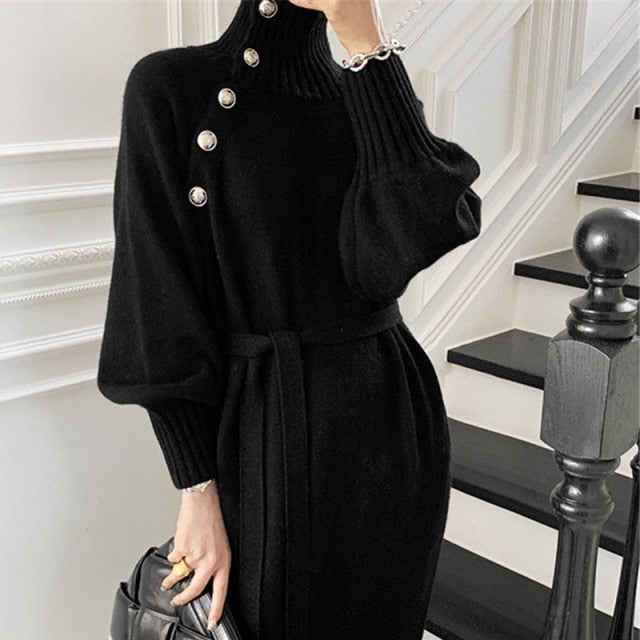 Buttons Women Knitted Dress