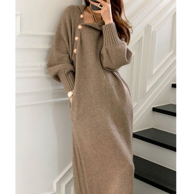 Buttons Women Knitted Dress