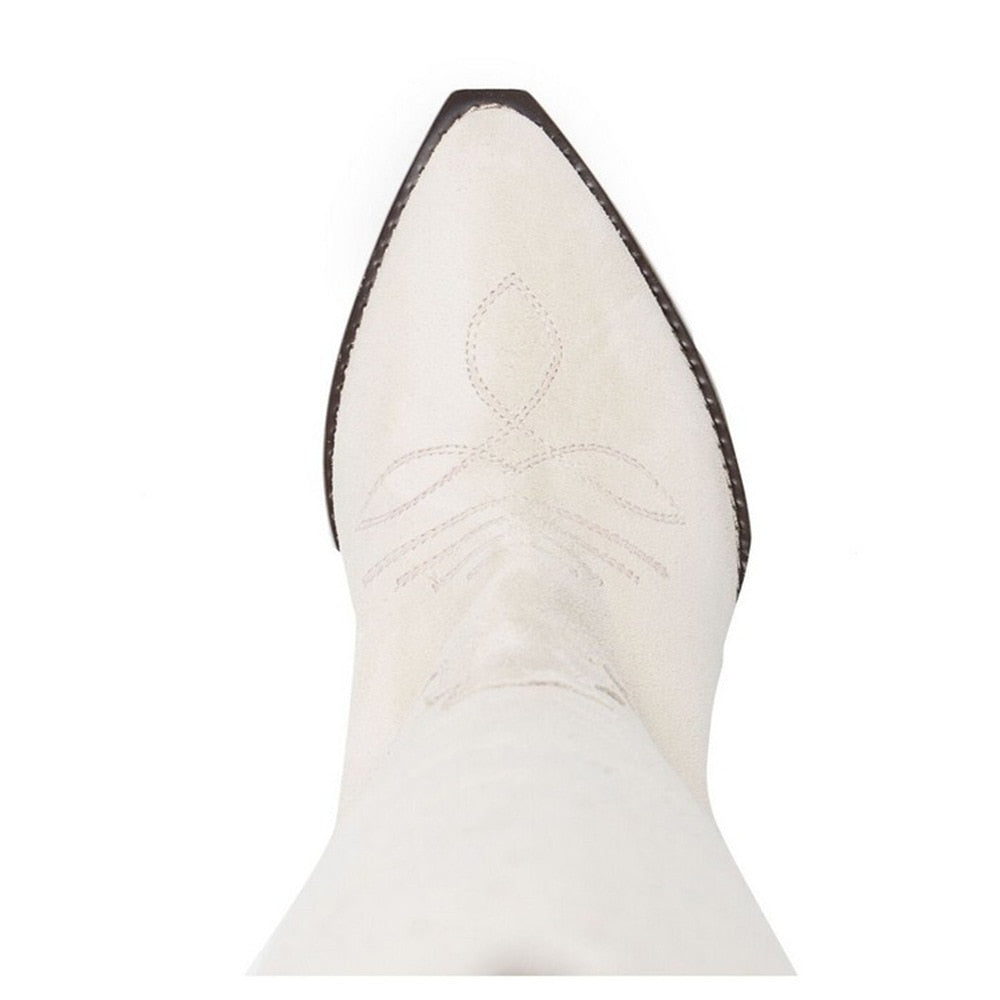 Women high knee boots Cowhide Embroidered long boots women Pointed Tapered Low-heel Shoe Color-blocked Cowboy botines mujer 2021