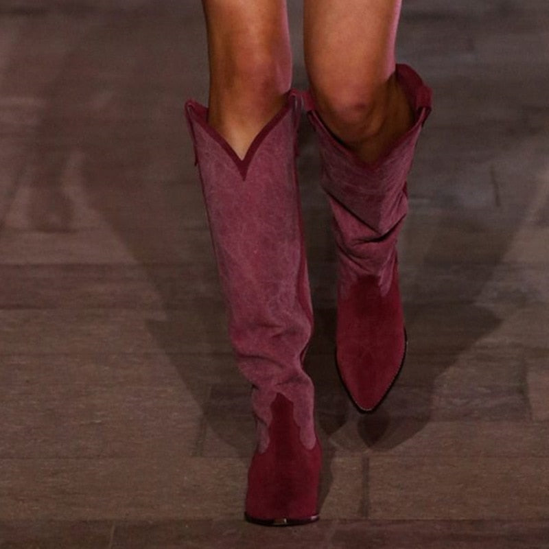 Women high knee boots Cowhide Embroidered long boots women Pointed Tapered Low-heel Shoe Color-blocked Cowboy botines mujer 2021