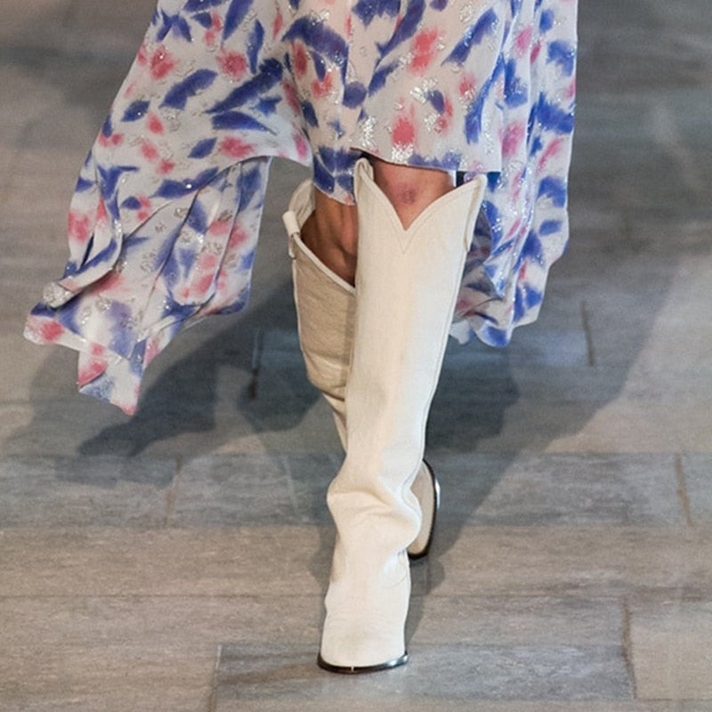 Women high knee boots Cowhide Embroidered long boots women Pointed Tapered Low-heel Shoe Color-blocked Cowboy botines mujer 2021