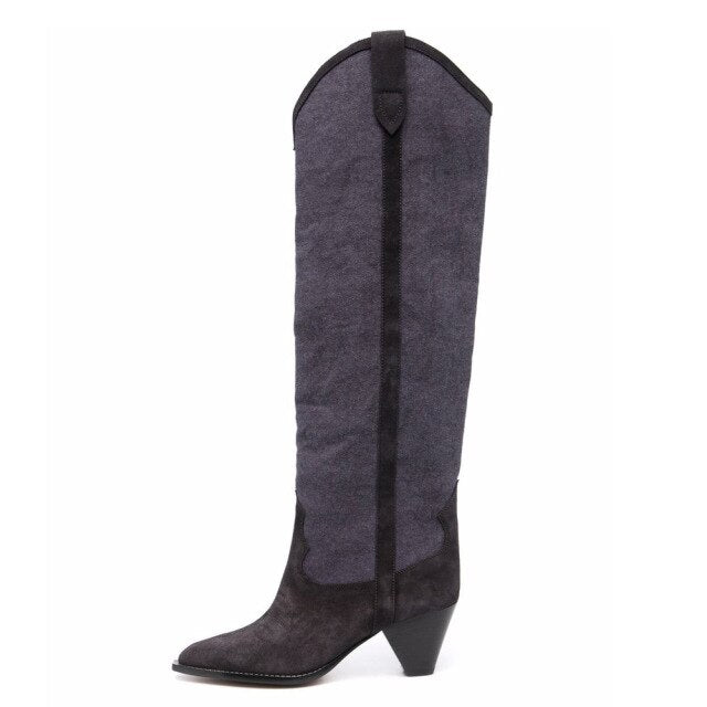 Cowhide Pointed-Toe Low-Heel Western Cowboy Boots