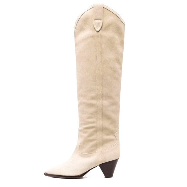 Cowhide Pointed-Toe Low-Heel Western Cowboy Boots