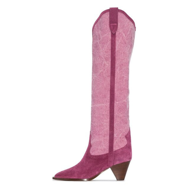 Cowhide Pointed-Toe Low-Heel Western Cowboy Boots
