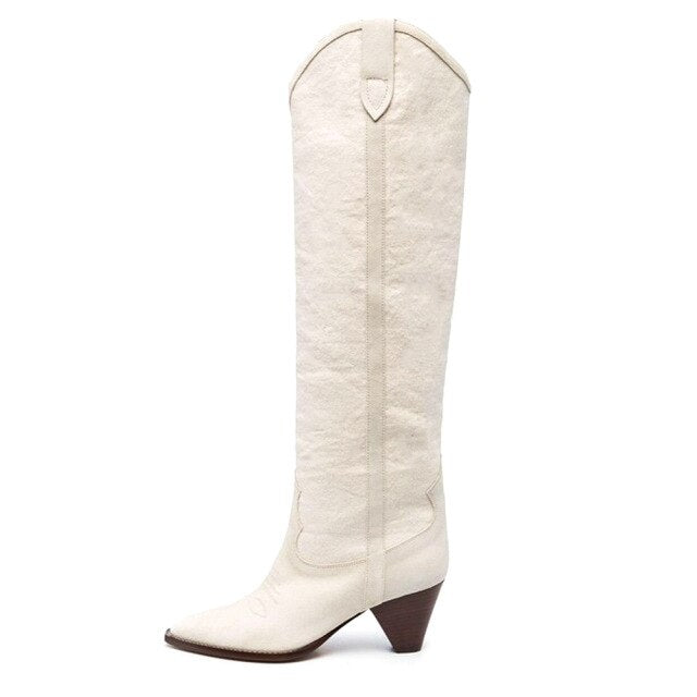 Women high knee boots Cowhide Embroidered long boots women Pointed Tapered Low-heel Shoe Color-blocked Cowboy botines mujer 2021