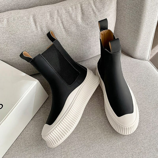 レディース フラット 本革 ラウンドトゥ プラットフォーム アンクルブーツ