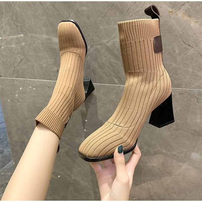 Women Knitted Ankle Boots Square Heel