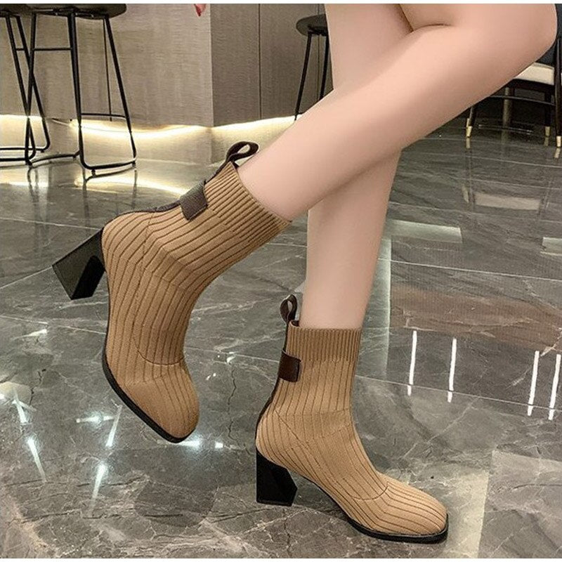 Women Knitted Ankle Boots Square Heel