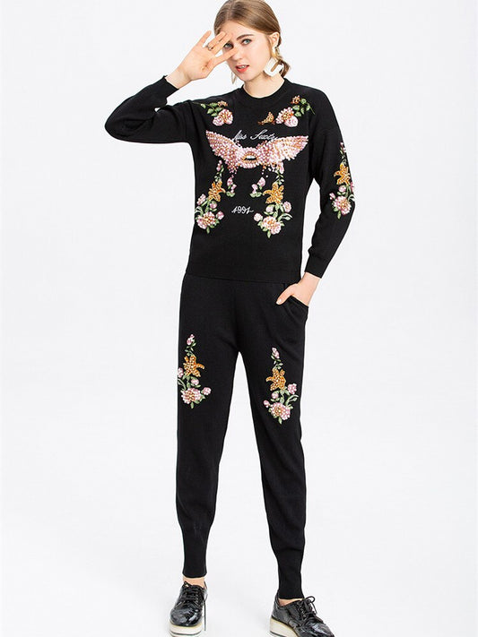 Flowers Knitted Top And Pants Set