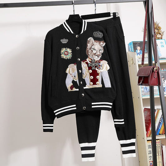 刺繍ビーズレジャースポーツパーカーコート+カジュアルパンツツーピースセットレディース服快適なアクティビティウェアニットスーツ