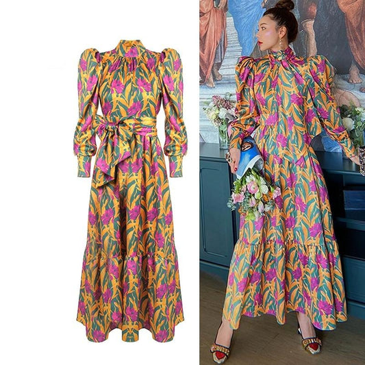 Vintage Designer Runway Puff Sleeve Midi Long Dresses