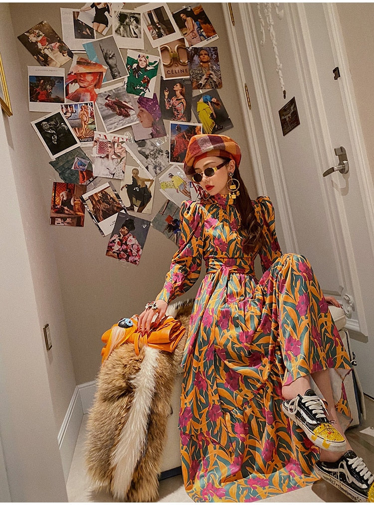 Vintage Designer Runway Puff Sleeve Midi Long Dresses