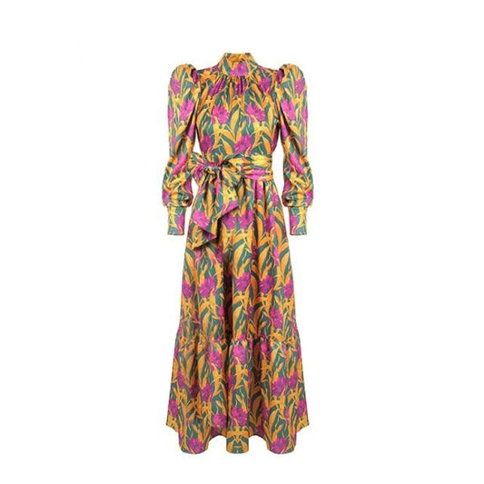 Vintage Designer Runway Puff Sleeve Midi Long Dresses