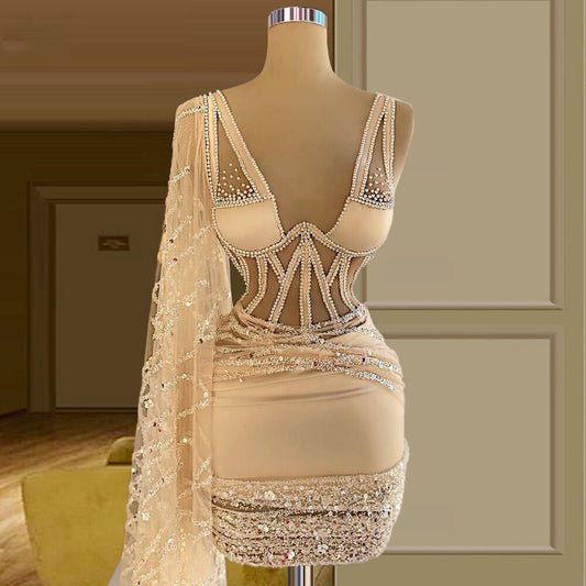 シャンパンのラグジュアリーなセクシーなショートパーティードレス