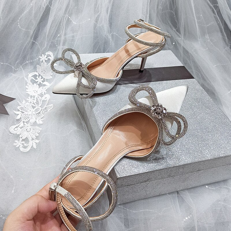 bow rhinestone stiletto high heels hollow word strap women's shoes