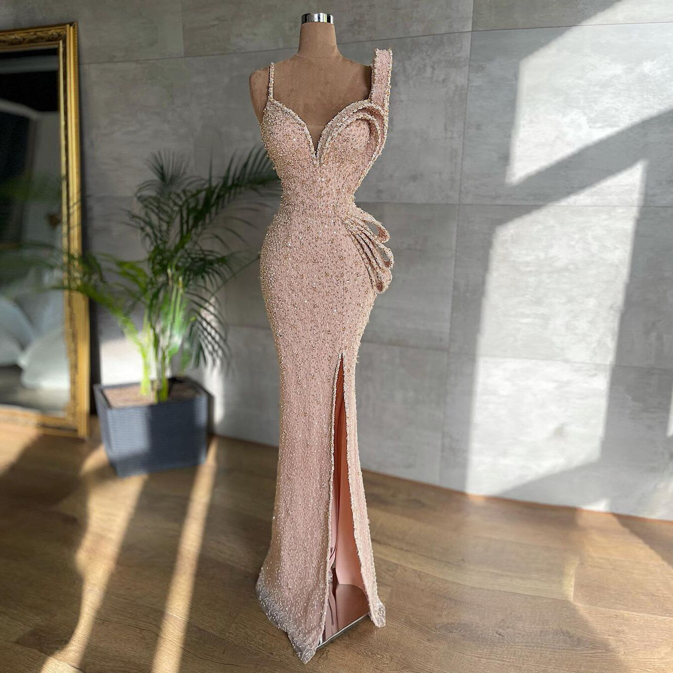 Luxury Long High Slit Sequins Women Evening Party Night Gowns