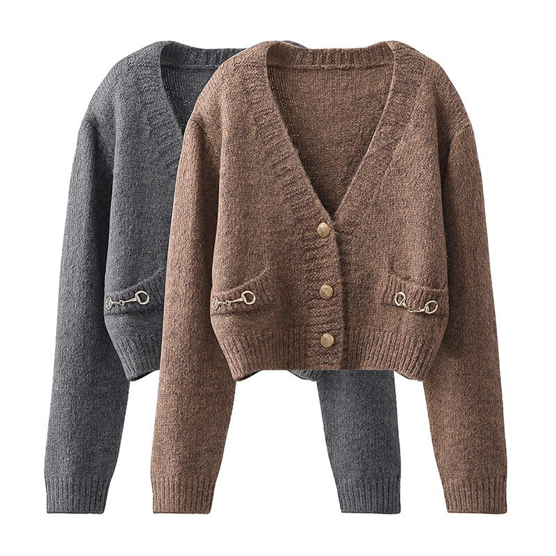 V-neck thin knit jacket for outer wear