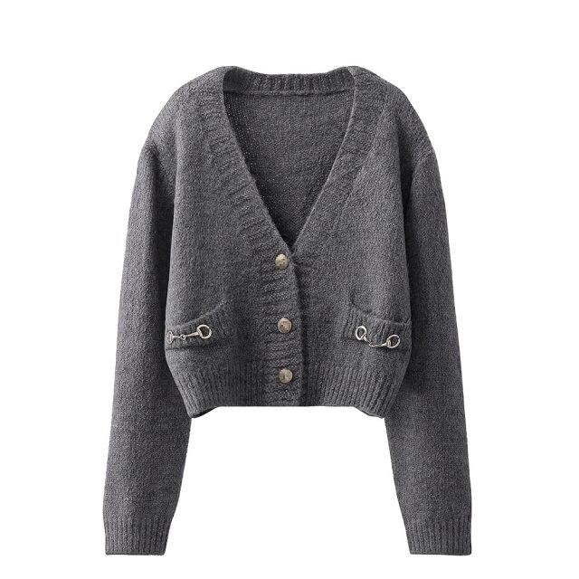 V-neck thin knit jacket for outer wear