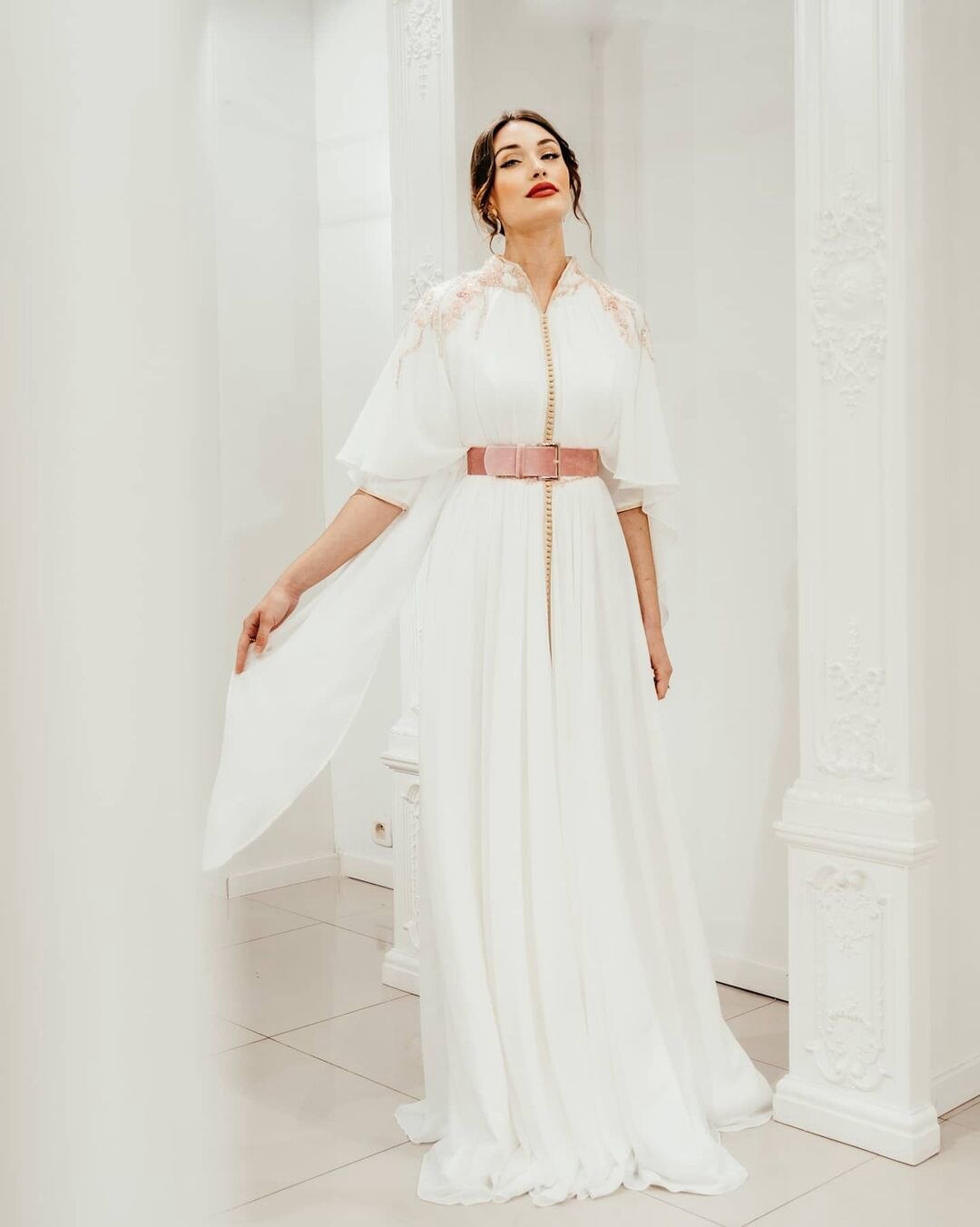 White Short Sleeve Elegant Moroccan Caftan Evening Dress