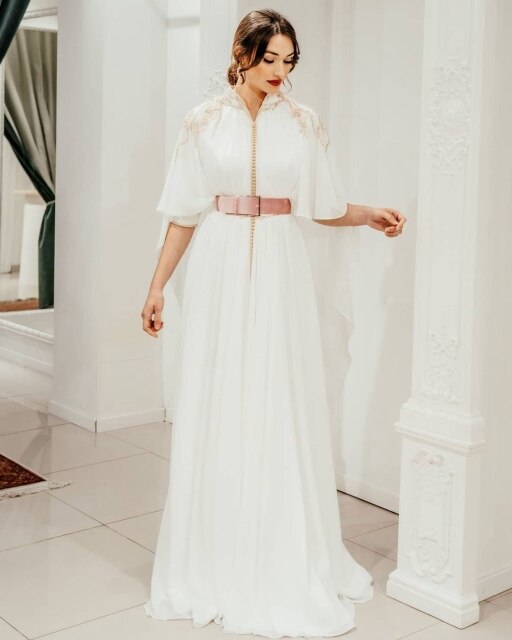 White Short Sleeve Elegant Moroccan Caftan Evening Dress