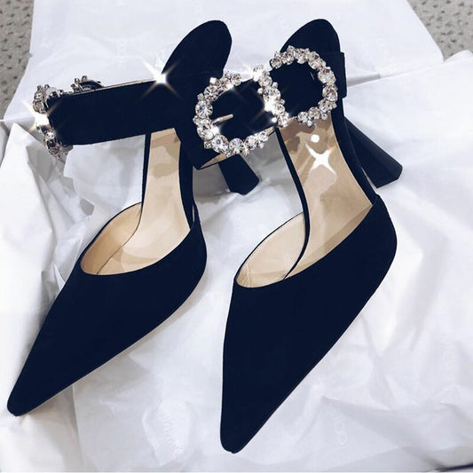 Women High Heels Rhinestone Buckle Pointed Toe Shoes