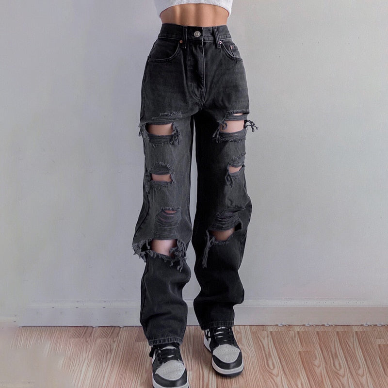 Vintage Ripped Hole Jeans Women Baggy Cut Out Straight Jeans