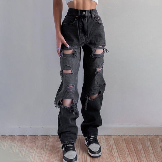 Vintage Ripped Hole Jeans Women Baggy Cut Out Straight Jeans