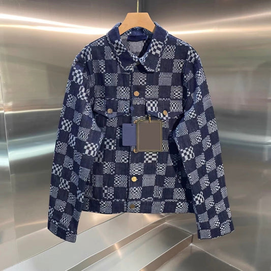 new style jacquard checkerboard denim jacket couple