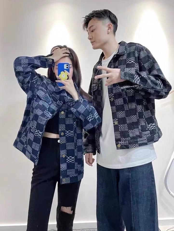 new style jacquard checkerboard denim jacket couple