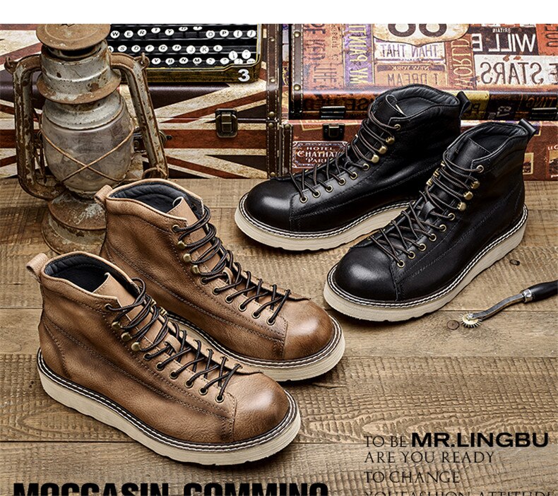 Retro Motorcycle Boots Men Genuine Leather