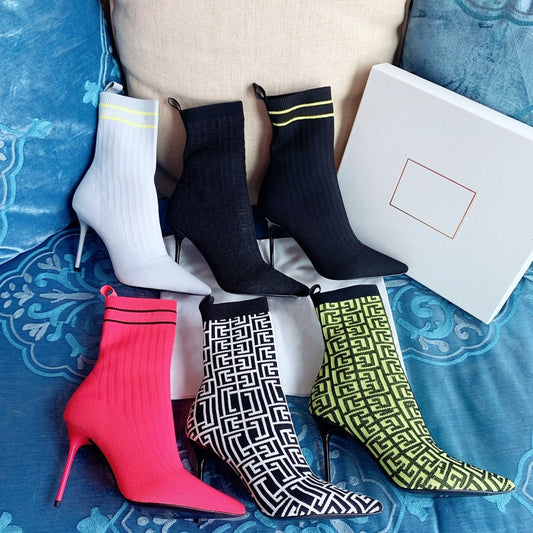 Women Shoes Knitted Mid-Calf Sock Boots Pointed Toe