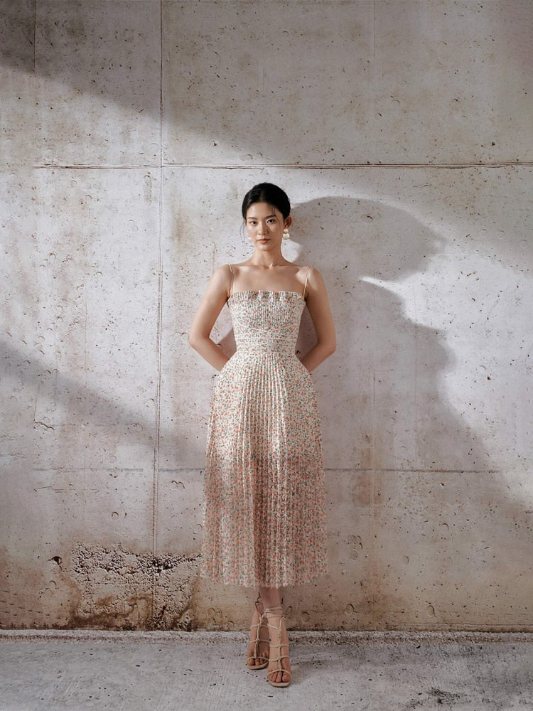 Casual Slash Neck Spaghetti Strap Backless Midi Printing Dress