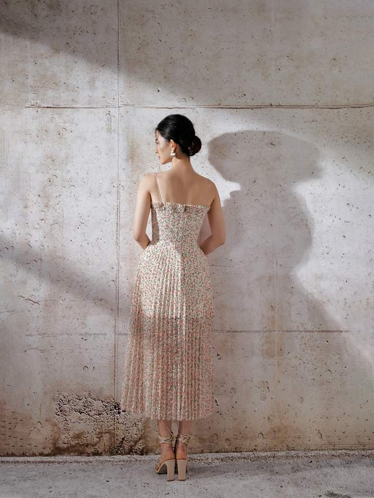 Casual Slash Neck Spaghetti Strap Backless Midi Printing Dress