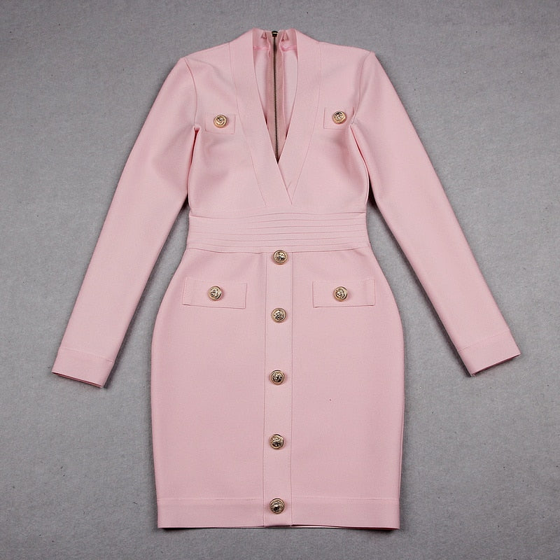 Sexy Deep V-neck Gold Buttons Bandage Elegant Party Dress