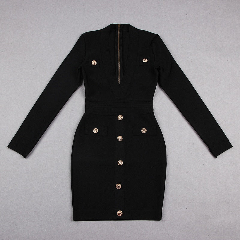 Sexy Deep V-neck Gold Buttons Bandage Elegant Party Dress