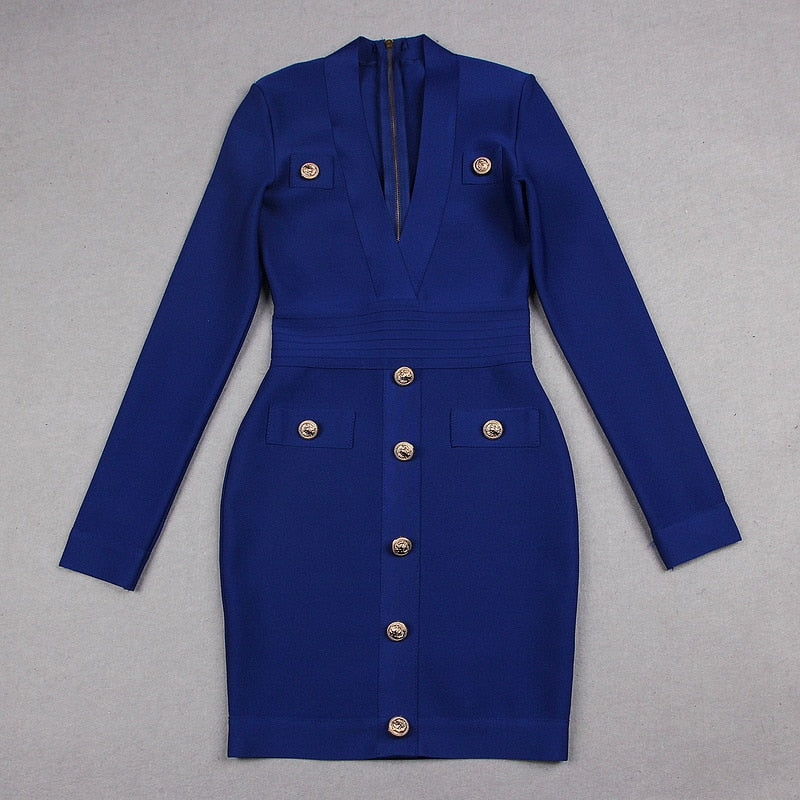 Sexy Deep V-neck Gold Buttons Bandage Elegant Party Dress