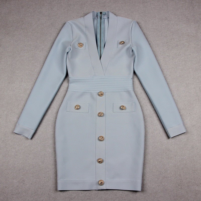 Sexy Deep V-neck Gold Buttons Bandage Elegant Party Dress