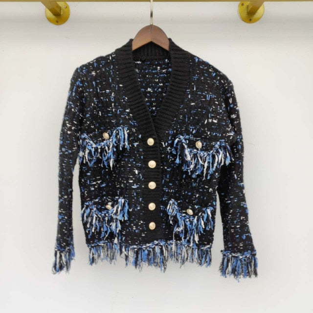 Korea Chic Tassel Wool Mixed Color Knitted  Sweater Coat