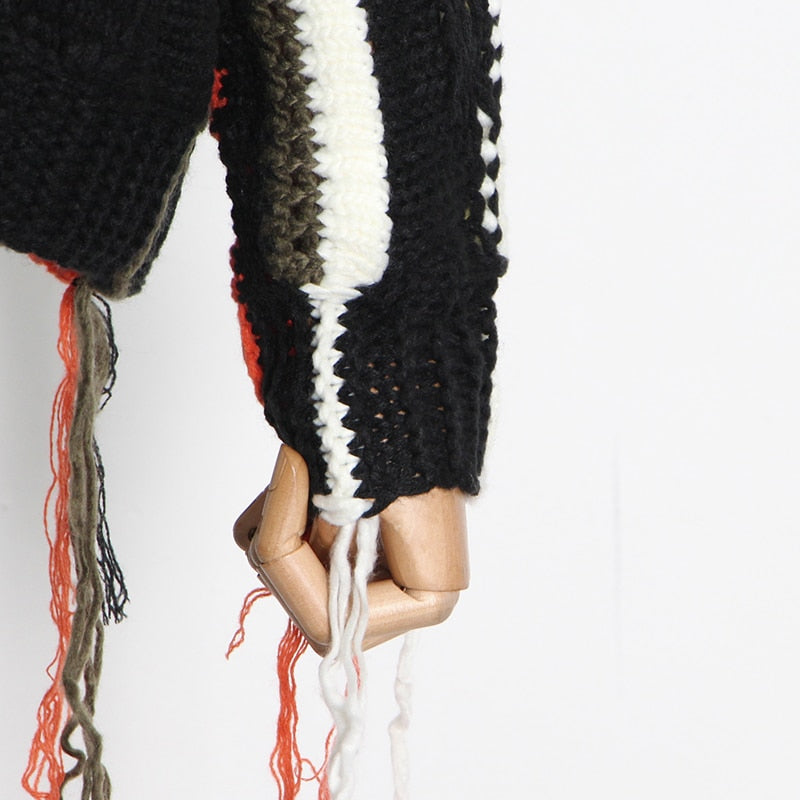 Patchwork Tassel Sweater Women Hit Color High Street Loose Knitted Pullovers