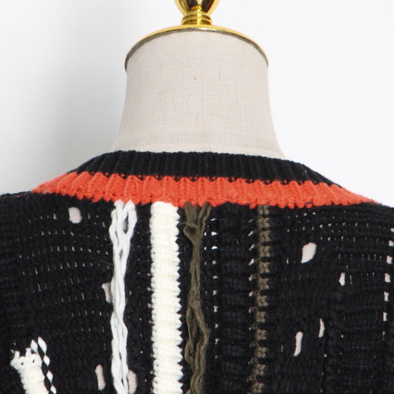 Patchwork Tassel Sweater Women Hit Color High Street Loose Knitted Pullovers